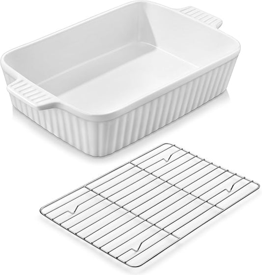 MALACASA 4.4 QT Baking Dish with Rack, 9x13 Large Casserole Dish for Oven, Ceramic Baking Pan with Rack, Rectangular Lasagna Pan Deep with Handles for Baking, Durable Microwave Oven Safe, White