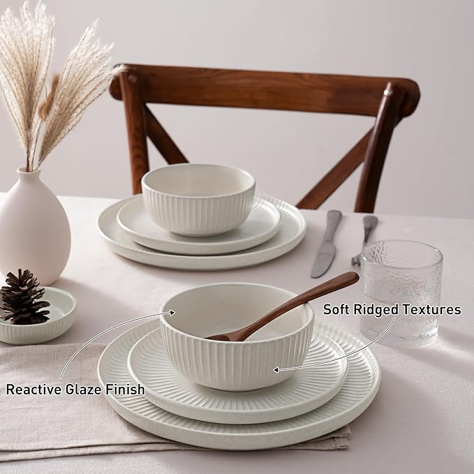 Famiware Starlight Plates and Bowls Dishes Set of 6 (18 Pieces), Ribbed Textured Stoneware Dinnerware Sets- Dishwasher & Microwave Safe, Chip Resistant, Matte Reactive White