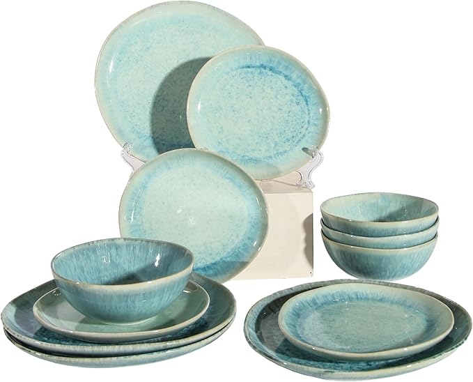 Decosignature Modern Plates and Bowls Sets 12-Piece Ceramic Dinnerware Set for 4 Blue Kitchen Plates and Bowls Microwave Dishwasher and Oven Safe Stackable Tableware Dinnerware Sets for Everyday Use