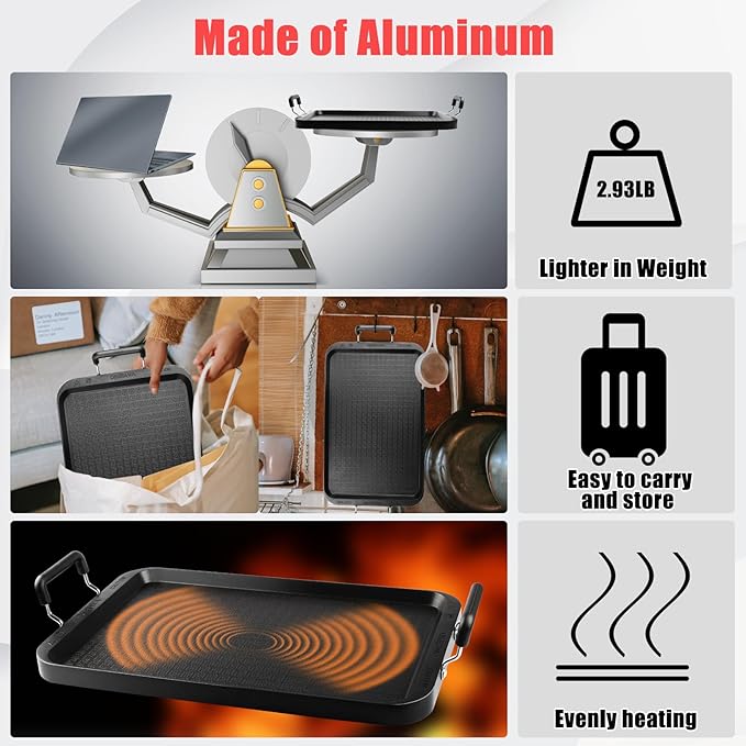 Vayepro Stove Top Flat Griddle, 17 Inch 2 Burner Griddle Pan for Stove Top Grill, Aluminum Pancake pan, Non-Stick Charcoal Grill For Outdoor/Camping