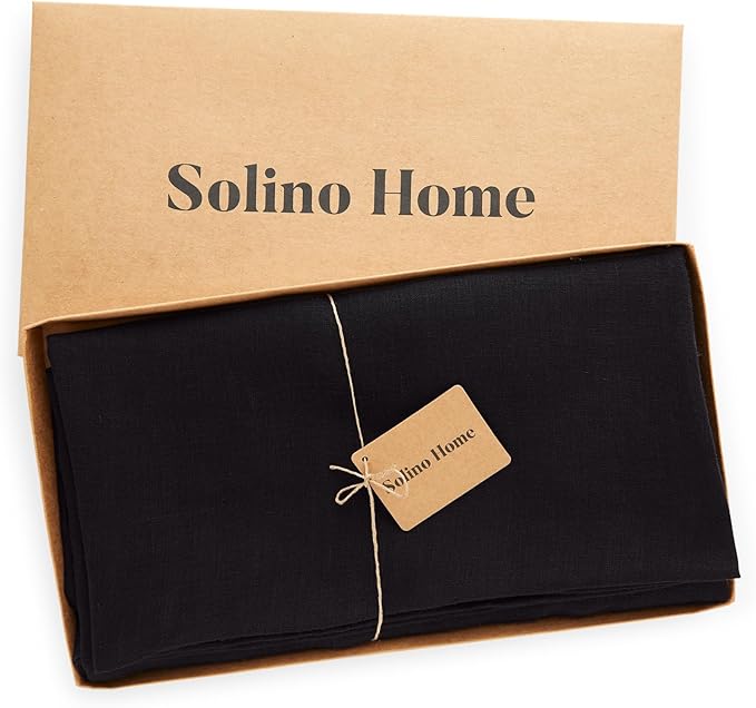 Solino Home Linen 60 Inch Round Tablecloth - 100% Pure Linen Black Round Tablecloth - Machine Washable Table Cloth for Winter, Holiday, New Year - Sonoma