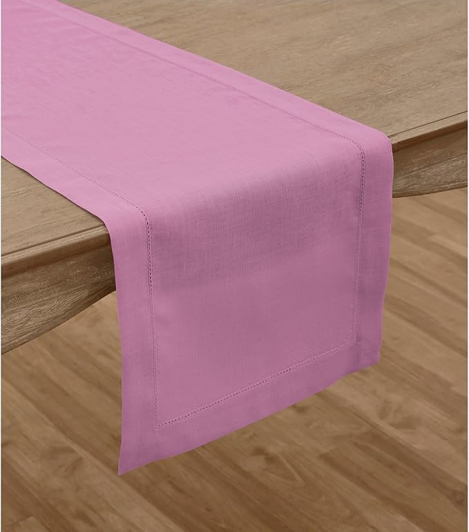 Solino Home Linen Table Runner 108 Inches Long - Classic Hemstitch 100% Pure Linen Violet Dining Table Runner 14 x 108 Inch for Valentines