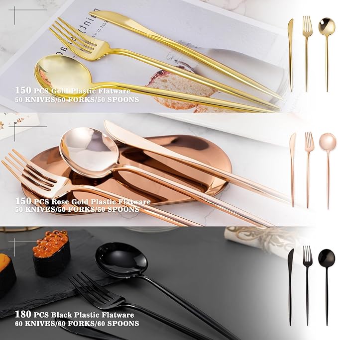 150PCS Rose Gold Plastic Silverware,Heavy Duty Disposable Utensils Include 50 Forks,50 Spoons and 50 Knives,Pink Cutlery Plastic Silverware Sets for Party, Birthday,Wedding
