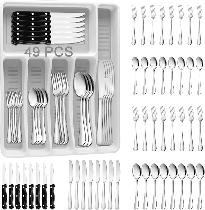 49PCS Silverware Set with Organizer, Stainless Steel Flatware Drawer Cutlery Set for 8, Kitchen Utensils with Steak Knives Mirror Polished Dinner Knife Forks Spoons Tableware Service Tray