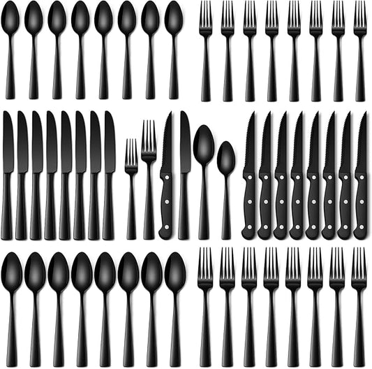 Stapava 48 Pcs Black Silverware Set with Steak Knives, Food-Grade Stainless Steel Flatware Set for 8 Mirror Polished Cutlery Utensil Sets Include Forks Spoons and Knives Set Dishwasher Safe