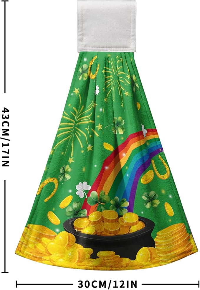 St. Patrick's Day Hanging Kitchen Towels Shamrock Lucky Rainbow Hand Towel with Loop St Patricks Day Gold Coin Dish Tea Tie Towels Soft Absorbent Green Spring Decor for Home Holiday