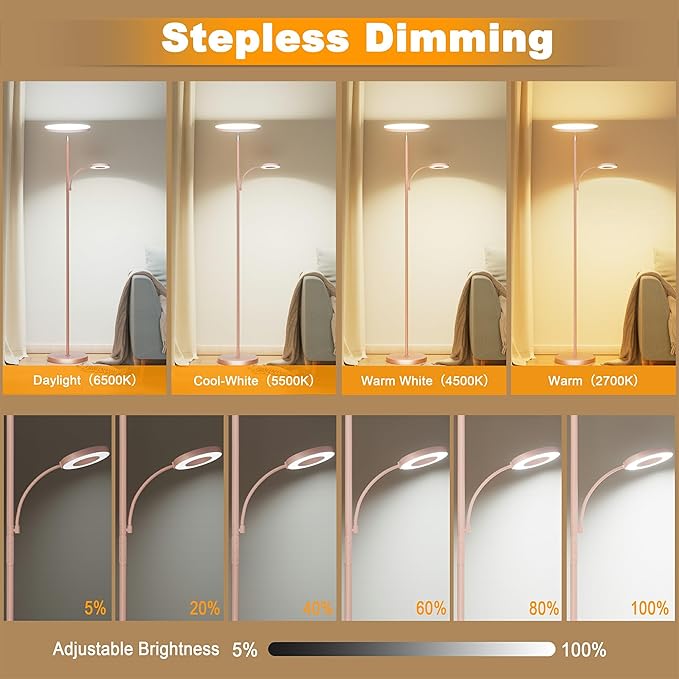 Pink Floor Lamp, 42W 4000LM Super Bright LED Room Lamp with Adjustable Reading Light,Dimmable Modern Standing Lamp with Remote & Touch Control for Room Bedroom Office Floor Light