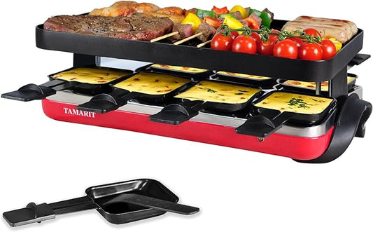 TAMARIT Classic 8 Person Raclette Grill 1500W Electric Tabletop Griddle with Reversible Plate, 8 Non-Stick Cheese Trays and Spatulas Indoor Portable Korean BBQ Barbecue Party Grill Red