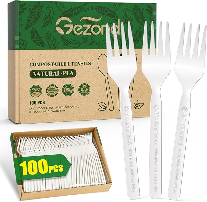 Gezond 100% Compostable Forks 100 Count, No Plastic Biodegradable PLA Forks Disposable Eco Friendly Heavy Duty Cutlery Suitable for Party Picnic Office Everyday Use