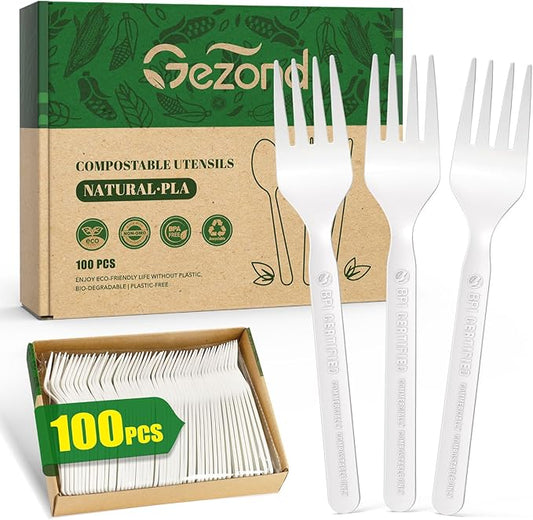 Gezond 100% Compostable Forks 100 Count, No Plastic Biodegradable PLA Forks Disposable Eco Friendly Heavy Duty Cutlery Suitable for Party Picnic Office Everyday Use
