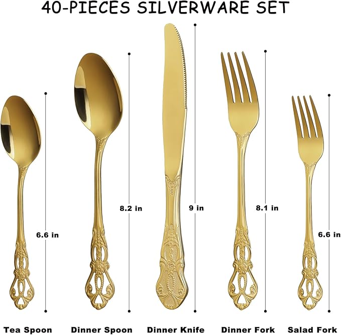 40 Piece Gorgeous Retro Royal Gold Silverware Set for 8, Premium Stainless Steel Flatware Set with gift box, Mirror Polished Cutlery Set Including Spoons and Forks, Vintage Utensils, Dishwasher Safe