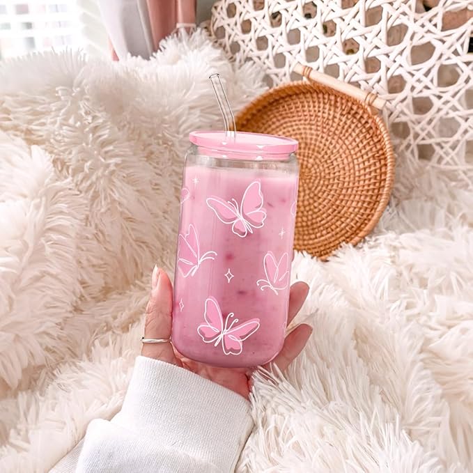 Butterfly 16 Oz Can Glass Tumbler with Acrylic Lid and Straw - Iced Coffee Cups for Women, Aesthetic Glass Cup Gift for Birthday Christmas