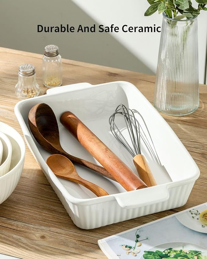 Hasense Casserole Dish, 9 x 13 Inches Ceramic Baking Dish, Extra Deep Lasagna Pans for Oven, Rectangular Bakeware with Handles, Wedding Housewarming Gifts, 15 x 9.2 x 3.1 Inches, White