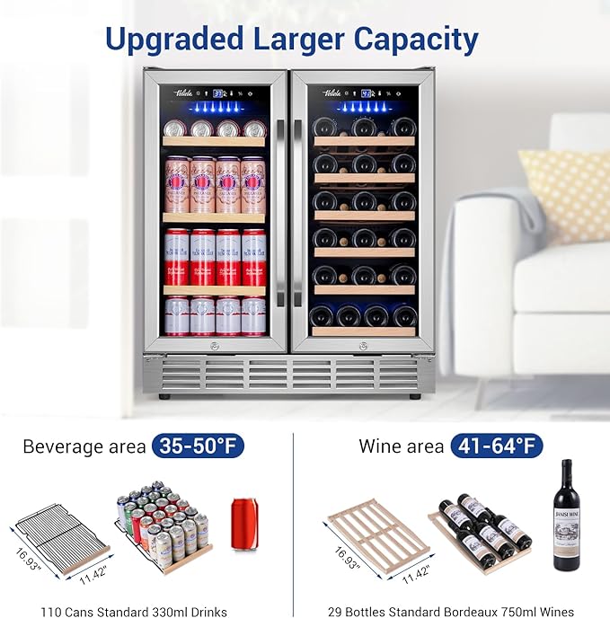 Wine and Beverage Refrigerator 30 Inch, Upgrade Dual Zone Wine Cooler, 30'' Wine beverage Fridge Built in or Freestanding Under Counter Large Capacity Glass Door Advanced Cooling System