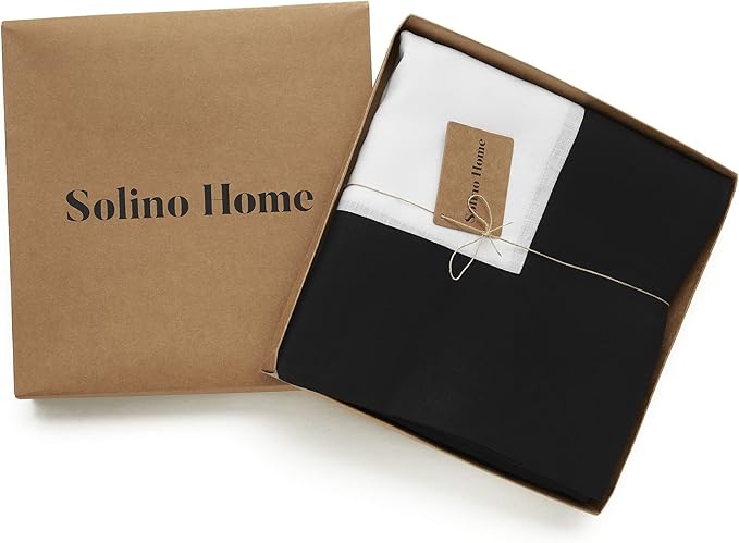 Solino Home Linen Tablecloth 60 x 90 Inch - 100% Pure Linen Black and White Tablecloth for Rectangle Tables - Contempo, Machine Washable Table Cloth for Winter, Holiday