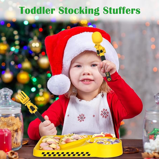 Construction Utensils for Toddlers - Motorcycle Toddler Forks - for Halloween Utensils Gift - Forks and Spoons Silverware Set - Christmas Gift for 1 2 3 4 5 year old - Yellow