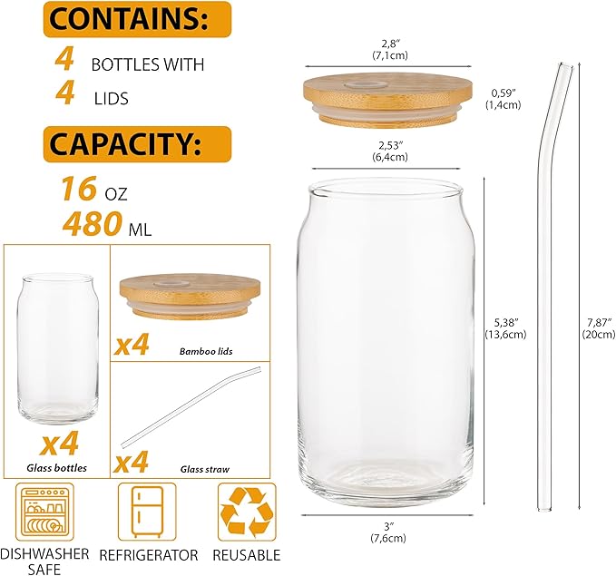 Glass Cups with Lids and Straws, 16 Oz - Set of 4 Reusable Iced Cold Coffee Tumblers - Clear Glass Bottle for Water with Bamboo Lids