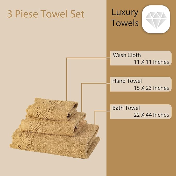 3 Piece Laced Bath Towels Set for Bathroom, Bath, Hand & Wash Cloths, Decorative Stylish Plush Cotton Washcloths - Showering, Face & Body Washing, Airbnb Essentials & Host Accessories, Gold
