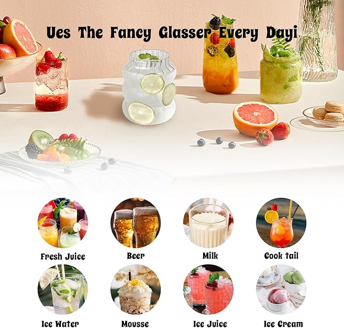 Ribbed Glass Cup 22 Oz Vintage Drinking Glassware Creative Ripple Glasses for Iced Coffee Juice Beverage Milk Cocktail Cute Wavy Glass Cups