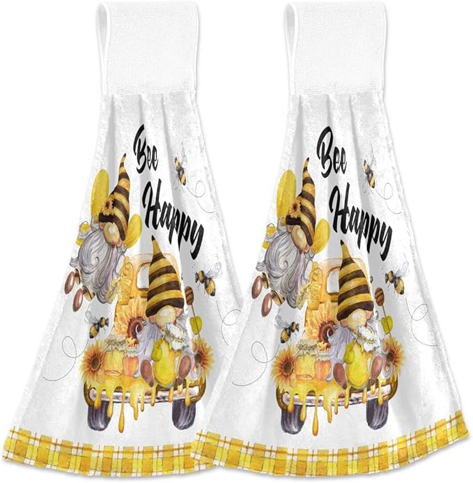 Giwawa Bee Happy Kitchen Hand Towels Yellow Gnomes Fast Dry Hanging Tie Towels 2PCS Soft Dish Wipe Cloth for Bathroom Restroom Home Decor