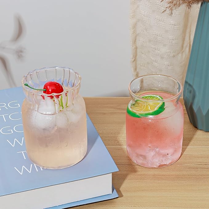 Koythin 2-Piece Ribbed Glass Cups, Vintage Drinking Glassware for Iced Coffee Juice Cocktails Milk Tea Beer, 14 oz/420 ml Cute Bubble Cup with Rounded (Bottle Chubby)