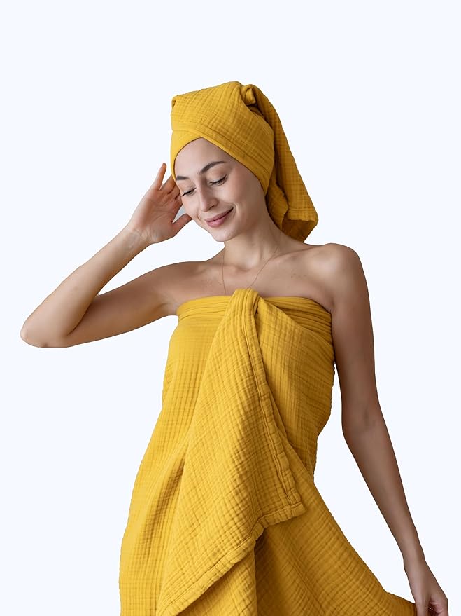 4 Pieces Muslin Towel Set for Bathroom, Luxury 100% Turkish Cotton Thin Soft Quick-Dry Lint-Free Large Size Bath Hand Towel Sets (Mustard, 2 Bath & 2 Hand Towel Set)