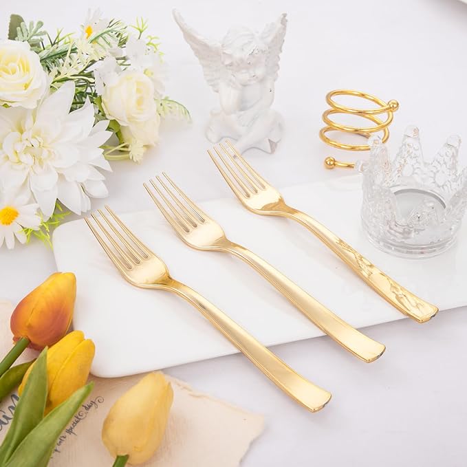 Liacere 360Pcs Plastic Forks - Heavyweight Forks - 7 Inch Heavy Duty Gold Disposable Forks- Gold Plastic Silverwar Perfect For Parties & Weddings & Thanksgiving & Restaurants And Daily Using
