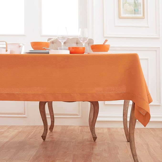 Solino Home Linen Tablecloth 60 x 90 Inch - Classic Hemstitch 100% Pure Linen Pumpkin Table Cloth for Rectangle Tables - Machine Washable Tablecloth for Holiday