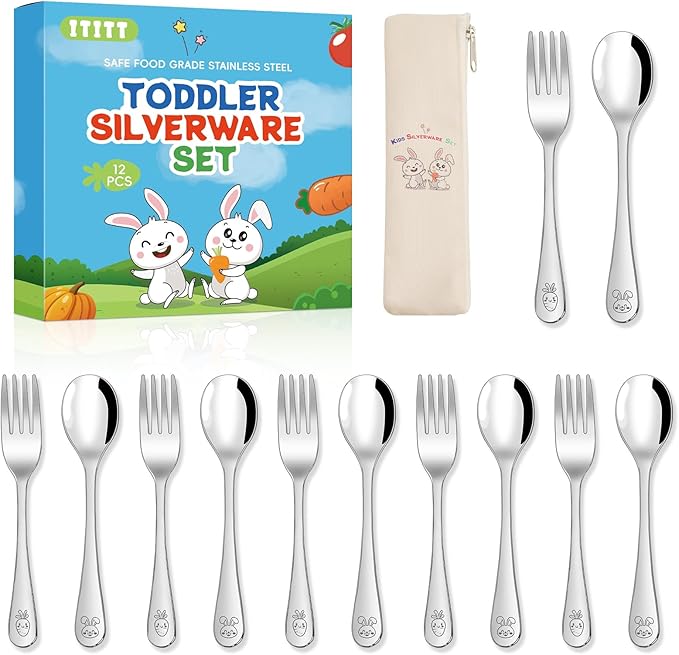 12 Pieces Stainless Steel Toddler Utensils Set - Food Grade Kids Silverware Set Children Safe Small Forks and Spoons Mirror Polished Sturdy and Durable Dishwasher Safe