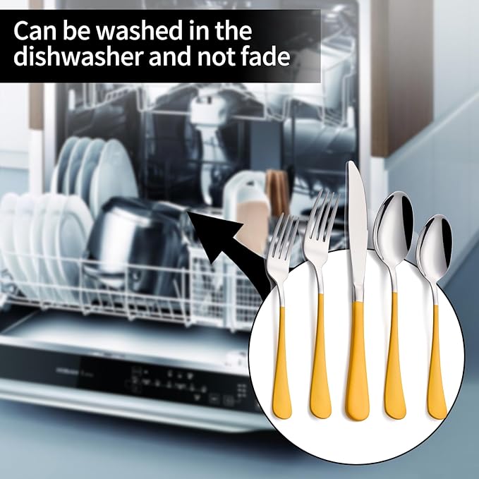20-Pieces Yellow Silverware Sets for 4,Yellow Handle Stainless Steel Cutlery Set, Include Forks Spoons and Knives Set, Dishwasher Safe Utensil Sets for Home Restaurant