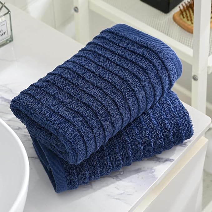 sense gnosis Navy Hand Towel Set of 2 Soft Stereoscopic Ladder Striped Design 100% Cotton Absorbent Luxury Decorative Towel for Bathroom 13 x 29 Inch