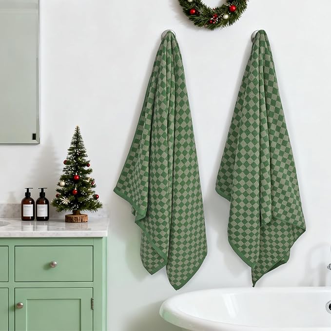 Jacquotha Luxury Bath Towels for Bathroom Green Checkered (54x28 Inches) - Cotton Soft Absorbent Shower Towels 2 Pack Daily Use Lightweigt, Quick Dry, Decorative