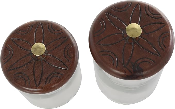 Deco 79 Glass Floral Living Room Decorative Jars Carved Decorative Container with Brown Wooden Lids and Gold Knobs, Set of 2 Jar with Lid 9", 6"H, Clear