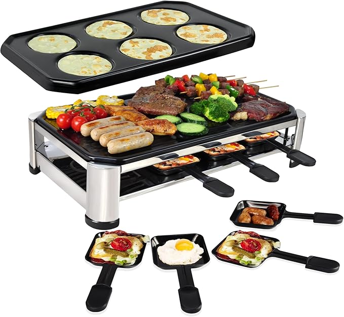 TAMARIT 8-Person Raclette Grill, Electric Party Griddle with Nonstick Grill and Crepe Plates, 8 Pans and Spatulas, 1500W (Indoor), Stainless Steel