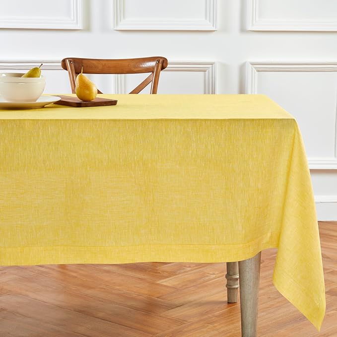 Solino Home Linen Tablecloth 60 x 90 Inch - 100% Pure Linen Chambray Lemon Yellow Table Cloth for Rectangular Tables - Athena, Machine Washable Cloth Tablecloth