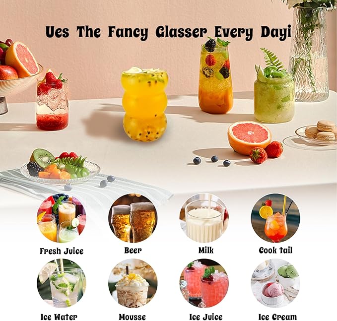 Nirvany Ribbed Glass Cup 18 Oz Vintage Drinking Glassware Creative Ripple Glasses for Iced Coffee Juice Beverage Milk Cocktail Cute Wavy Glass Cups