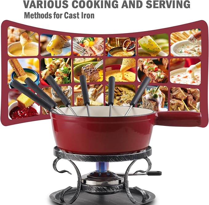 Artestia Cast Iron Swiss Fondue Set – Swiss Traditional 2L Cheese & Chocolate Fondue Pot for 4-6 People – Ideal for Melting Cheese, Chocolates, Caramel, & More, Red