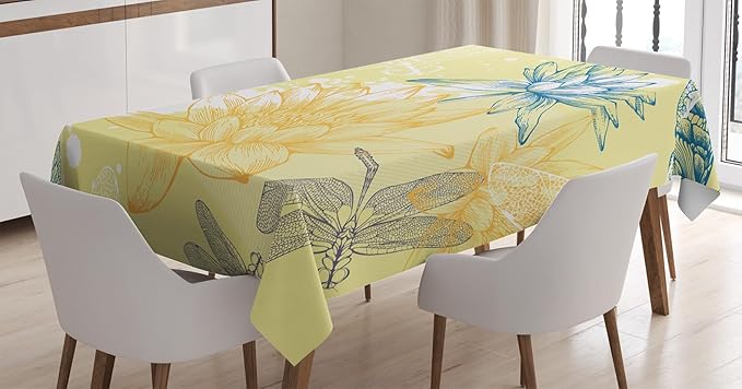 Ambesonne Dragonfly Tablecloth, Boho Style Plants and Dragonflies Sketchy Illustration, Dining Room Kitchen Rectangular Table Cover, 60" X 84", Petrol Blue