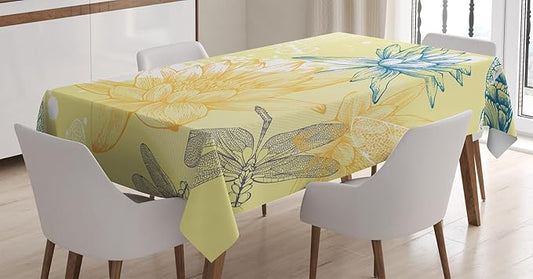 Ambesonne Dragonfly Tablecloth, Boho Style Plants and Dragonflies Sketchy Illustration, Dining Room Kitchen Rectangular Table Cover, 60" X 84", Petrol Blue