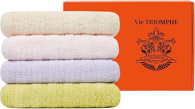 Vie Triomphe Facial Towels Washcloth (Green+Pink+Purple+Yellow) Luxury Hand Towels for Bathroom,100% Cotton Quick Dry Absorbent Soft Hand Towel Set 13.38 * 31.49 Inch Wash Clothes;