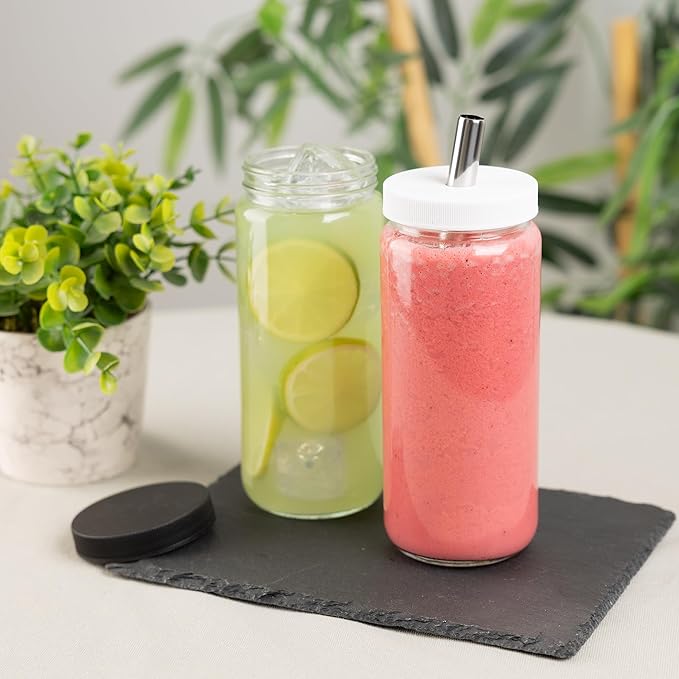 Glass Juice Bottles with Lids and Straws, 16 Oz - Set of 2 Reusable Clear Cups - For Drinking Smoothie, Iced Coffee, Juicing, Matcha, Water, Kombucha and More