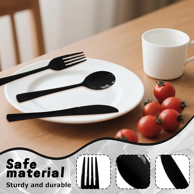 150 Pack Disposable Plastic Silverware, Heavy Duty Black Plastic Cutlery Set Includes 50 Forks 50 Knives 50 Spoons for Birthday Wedding Party Picnics (150, Black)