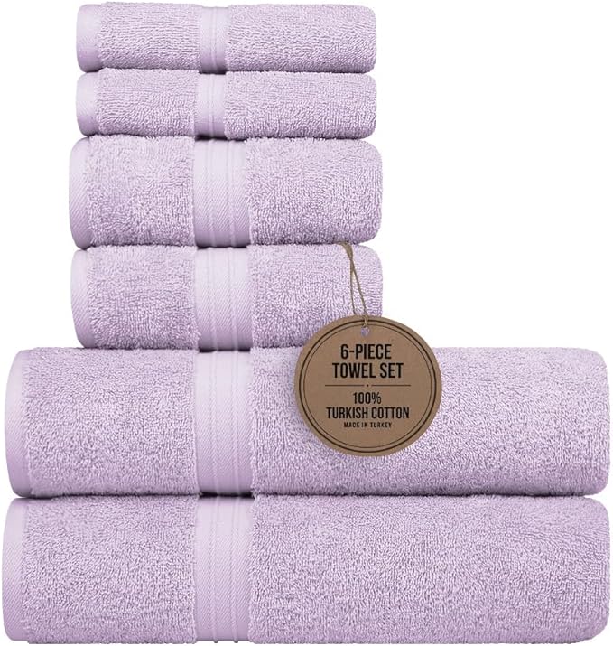 6 Piece Bathroom Towel Set - 100% Cotton & Decorative - Cute, Luxury, Fluffy Include 2 Bath Towels (28" x 56"), 2 Hand Towel for Bathroom (16"x28") and 2 Wash Cloths (12"x12") - Lilac