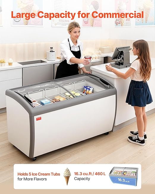 VEVOR Commercial Ice Cream Display Case, 16.3 Cu.ft Chest Freezer, -19 to 3℉ Temp Adjustable Mobile Top Deep Freezer with 5 Wire Baskets, 2 Sliding Glass Doors, Locking Casters & LED Strip Lighting