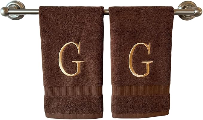 Brown Initial Hand Towel for Bathroom - Monogrammed Luxury Hotel Quality Decorative Embroidered Towel for Powder Room, Spa - GOTS Organic Certified - Set of 2 Beige Letter G