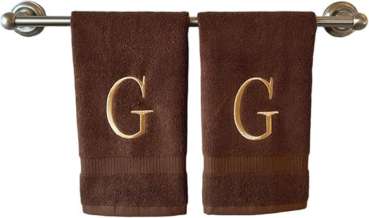 Brown Initial Hand Towel for Bathroom - Monogrammed Luxury Hotel Quality Decorative Embroidered Towel for Powder Room, Spa - GOTS Organic Certified - Set of 2 Beige Letter G