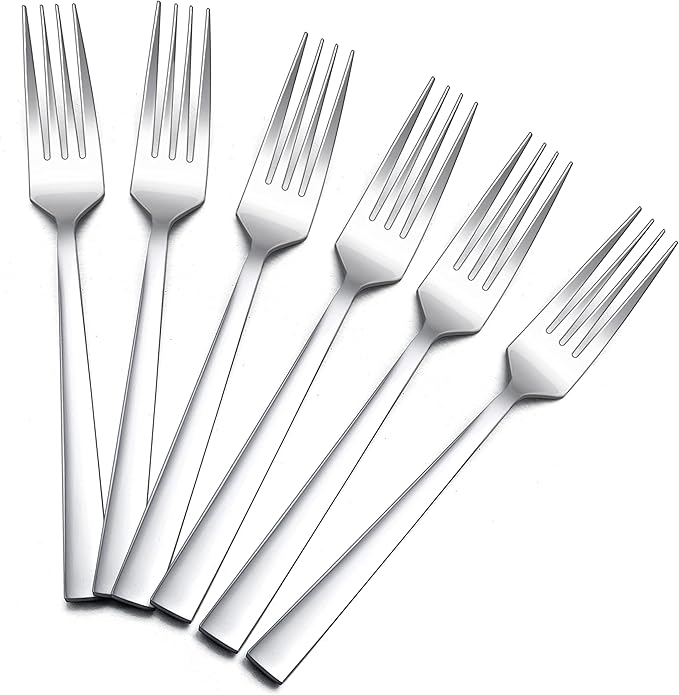 Dinner Forks Set of 6, E-far 7.9 Inch Stainless Steel Forks for Home, Kitchen or Restaurant, Non-toxic & Mirror Polished, Squared Edge & Dishwasher Safe