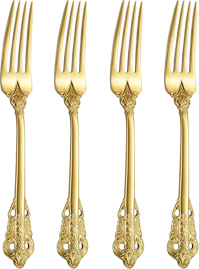 KEAWELL Luxury Dinner Fork, Set of 4, 18/10 Stainless Steel, 8 Inches, Dishwasher Safe, Mirror Polished, Silverware Fork Set (Gold)