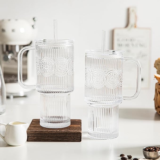 INSETLAN 26oz Ribbed & Floral Glass Tumblers with Handle and Lid, Set of 2 –Reusable Iced Coffee Cups with Straw, Glass Mugs for Water, Smoothies, Tea, and Juice – Ideal for Travel & Daily Use