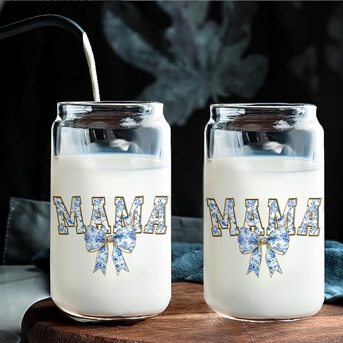 Blue Bow Mama Glass Cup with Lids and Straws 14oz, Best Mother's Day Birthday Gifts for Mama Mom Gifts from Daughters Sons Glass Iced Coffee Tumbler Drinking Jars with Cleaning Brush